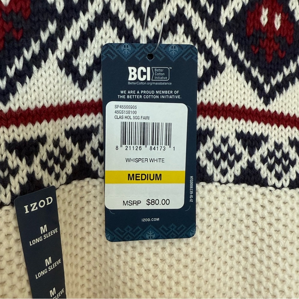 Izod Men's Zip Up Sweater in Cream with Red and Black Design - Picture 3 of 4